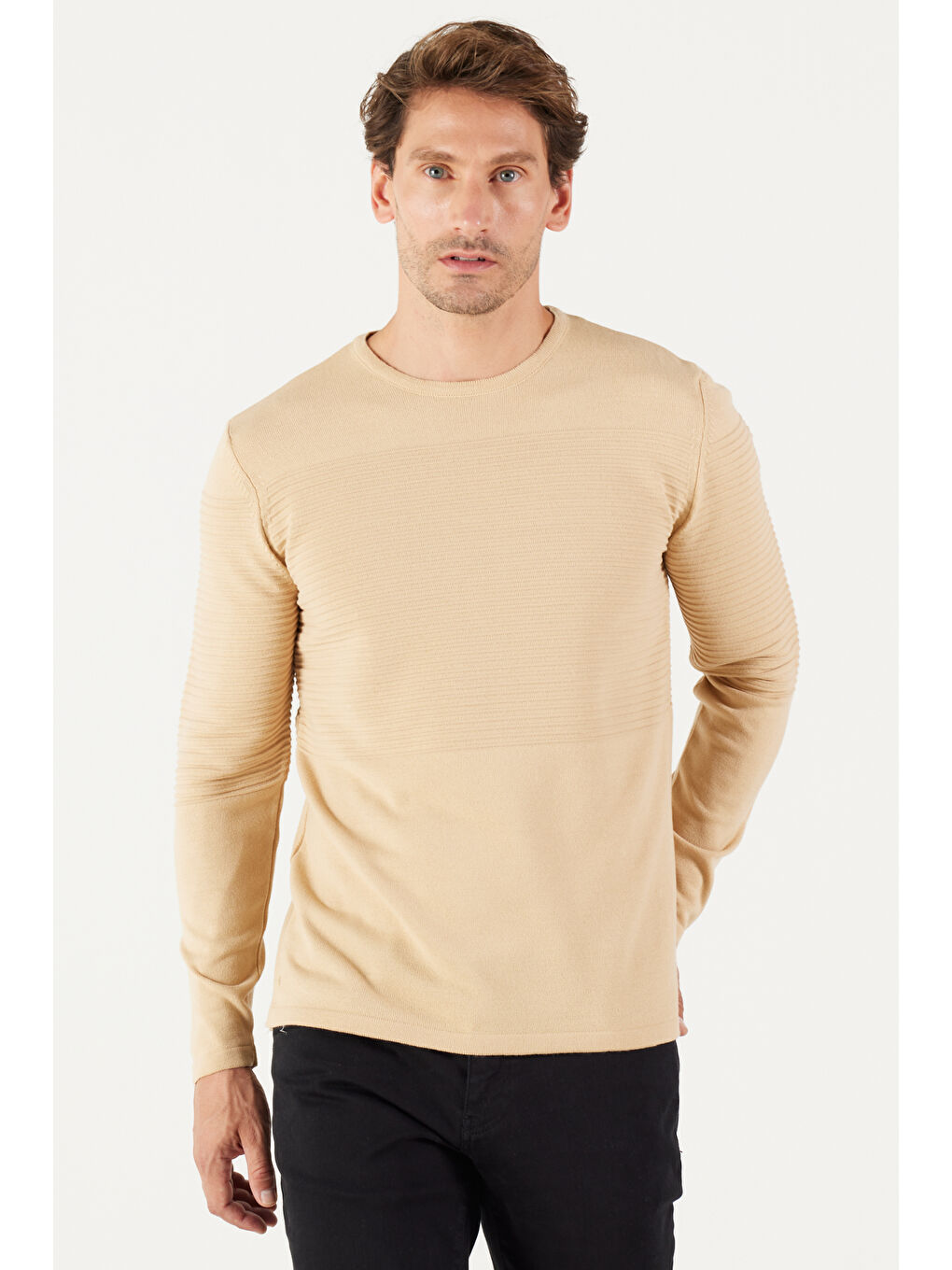 Erkek Koyu Bej Anti-Pilling Özellikli Tüylenme Yapmayan Standart Fit Bisiklet Yaka Çizgi Dokulu-2