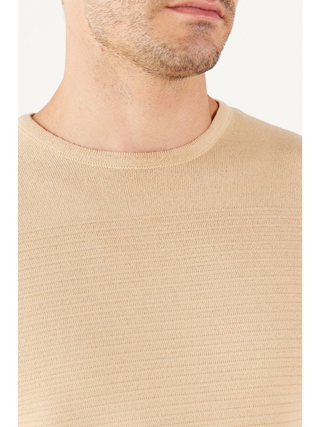 Erkek Koyu Bej Anti-Pilling Özellikli Tüylenme Yapmayan Standart Fit Bisiklet Yaka Çizgi Dokulu-3