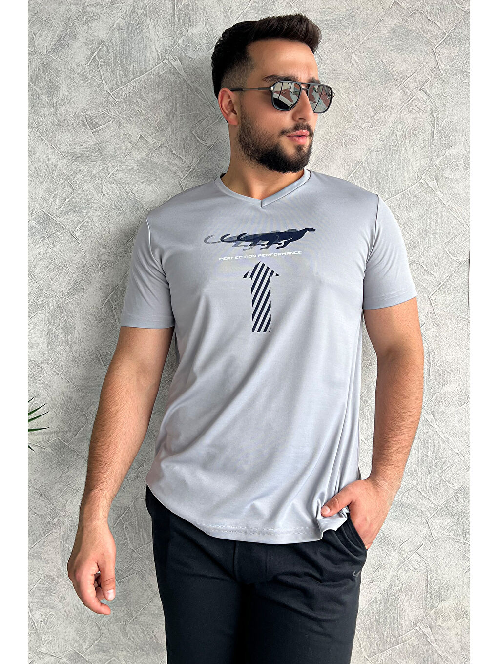 Mishar İtalia Gri Erkek V Yaka Baskılı T-shirt