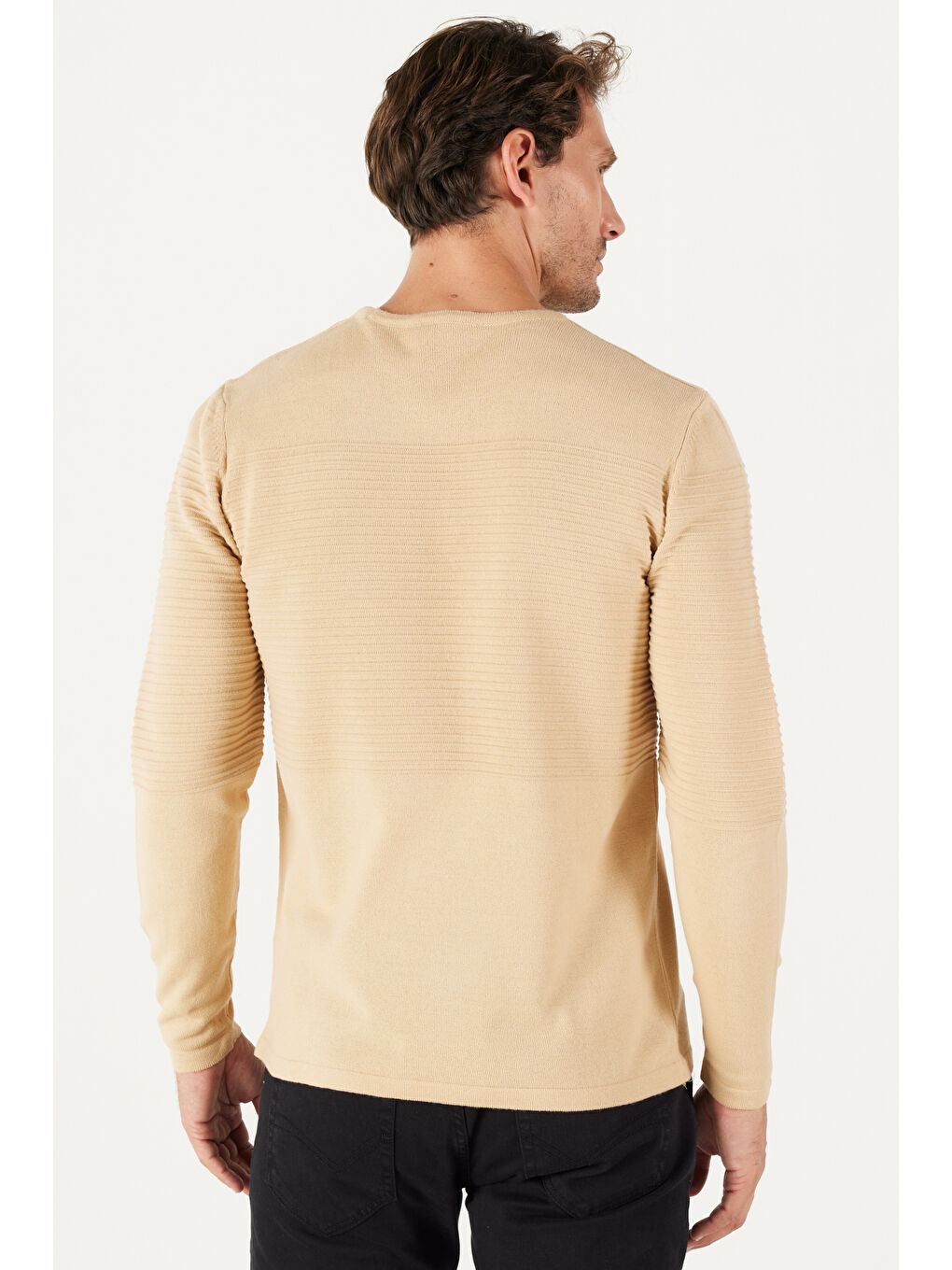 Erkek Koyu Bej Anti-Pilling Özellikli Tüylenme Yapmayan Standart Fit Bisiklet Yaka Çizgi Dokulu-5