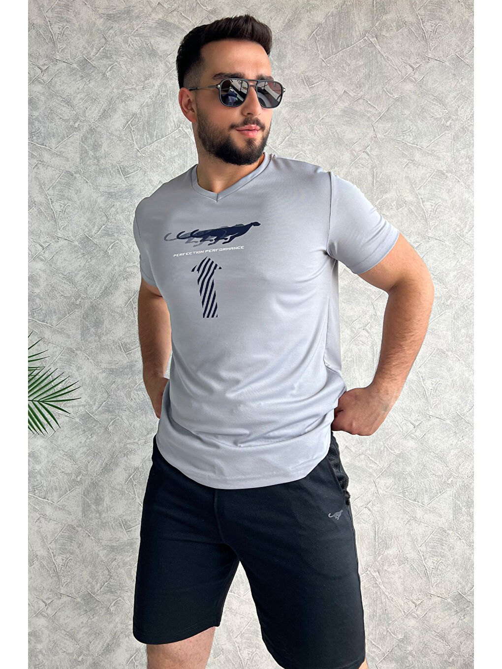 Mishar İtalia Gri Erkek V Yaka Baskılı T-shirt - 1