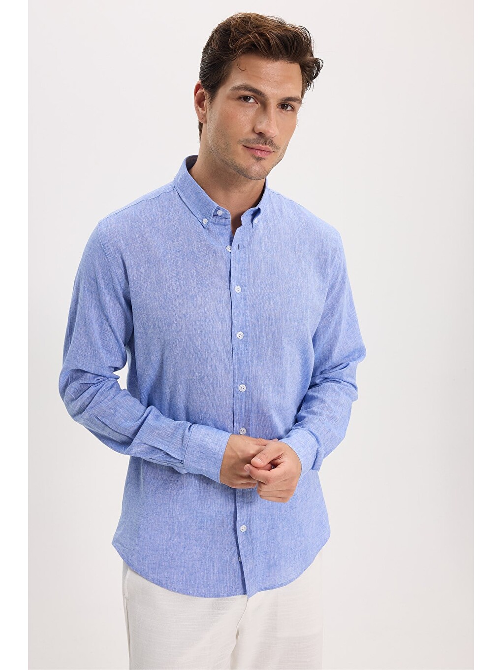 Erkek Slim Fit Dar Kesim Uzun Kollu Keten Premium Seri Düğmeli Yaka Spor Mavi Gömlek-3