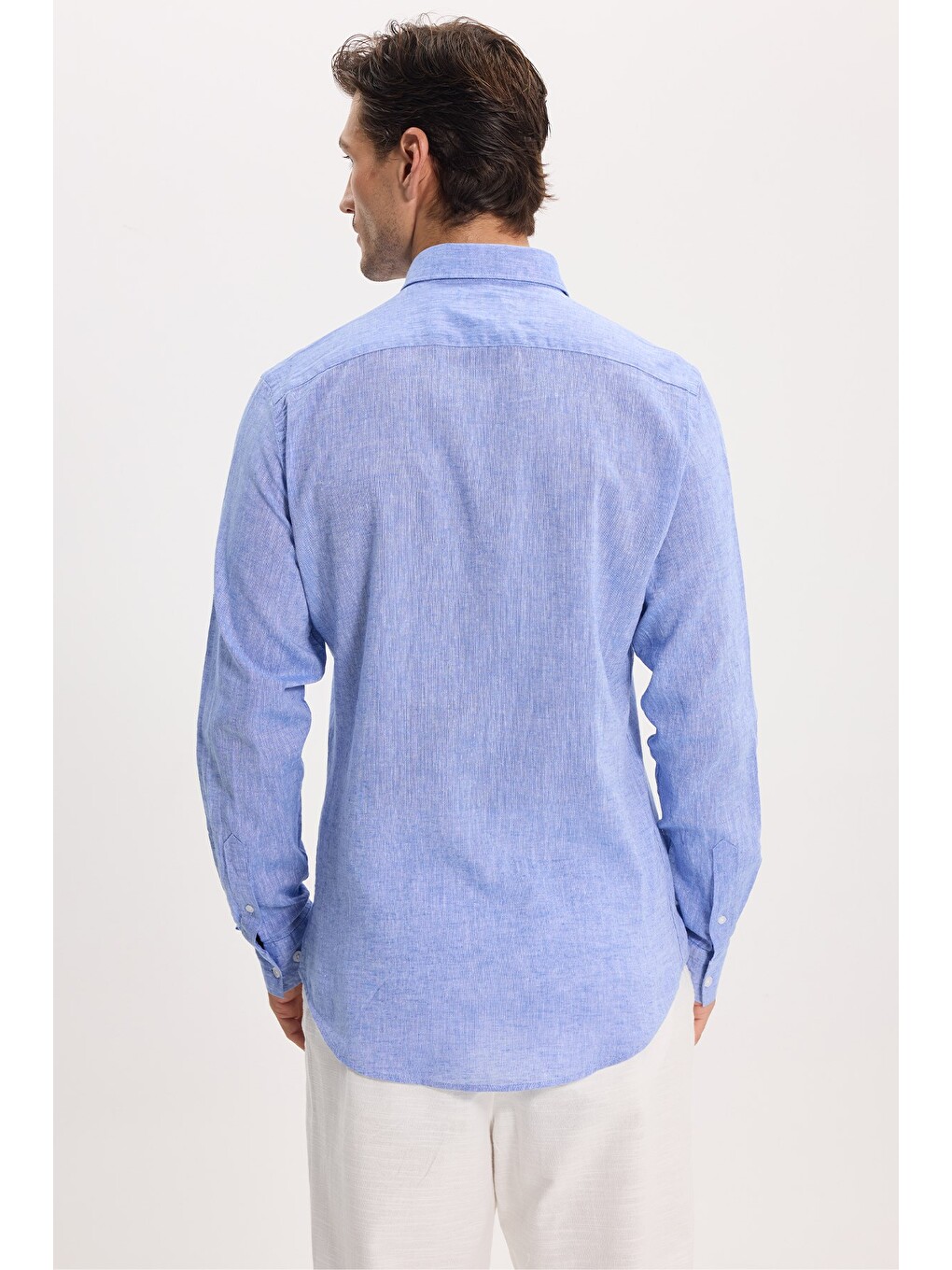 Erkek Slim Fit Dar Kesim Uzun Kollu Keten Premium Seri Düğmeli Yaka Spor Mavi Gömlek-6