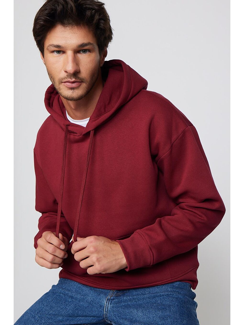 TUDORS Bordo Unisex Oversize Geniş Kesim Pamuklu Yumuşak Dokulu İçi Polarlı Basic Bordo Kapüşonlu Sweatshirt