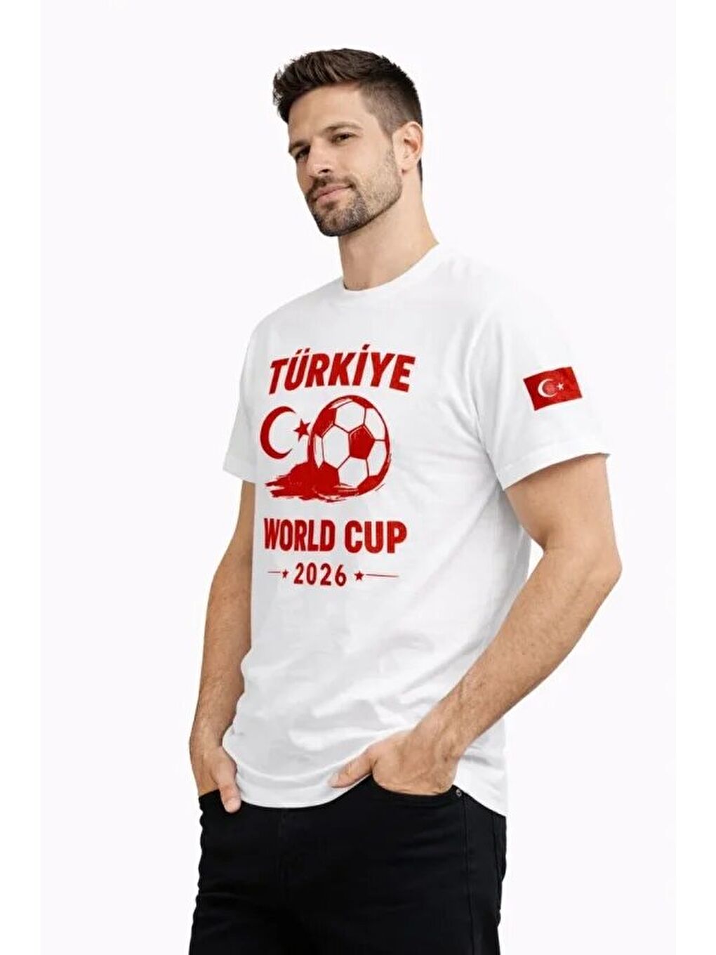 Beyaz Erkek Türkiye World Cup 2026 Baskılı Tişört Futbol Temalı Forma Tişört
