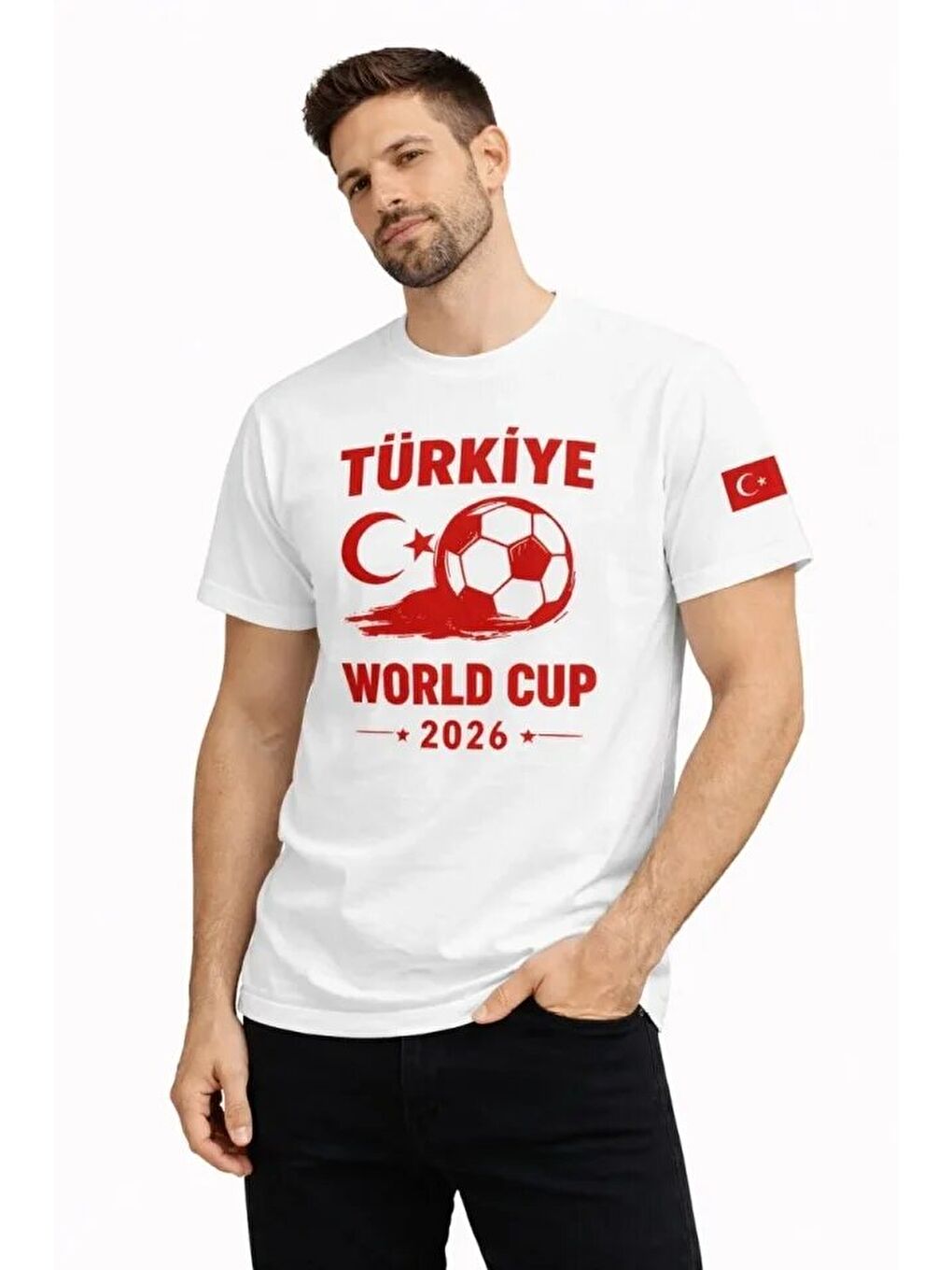 Beyaz Erkek Türkiye World Cup 2026 Baskılı Tişört Futbol Temalı Forma Tişört-1