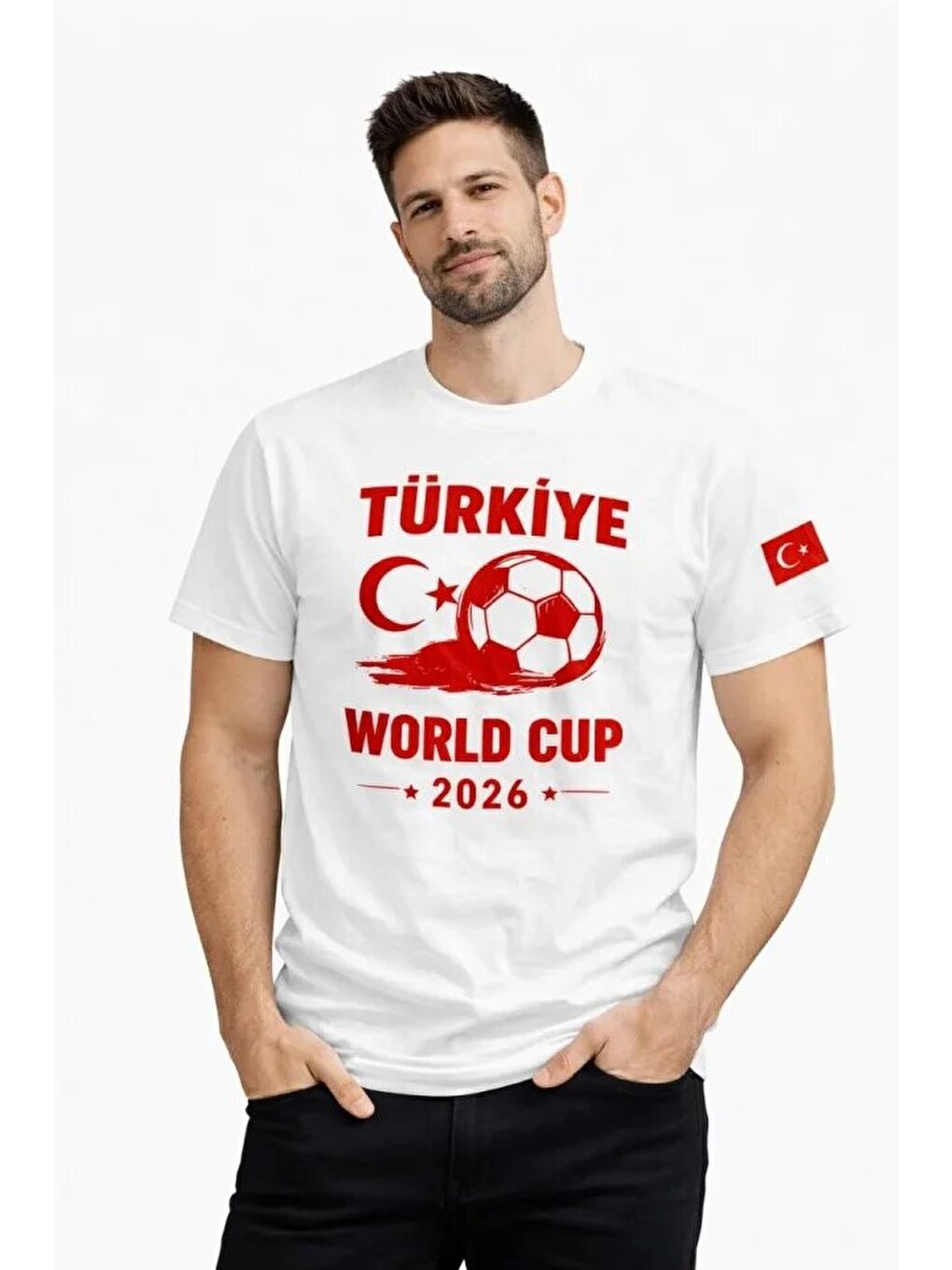 Beyaz Erkek Türkiye World Cup 2026 Baskılı Tişört Futbol Temalı Forma Tişört-2