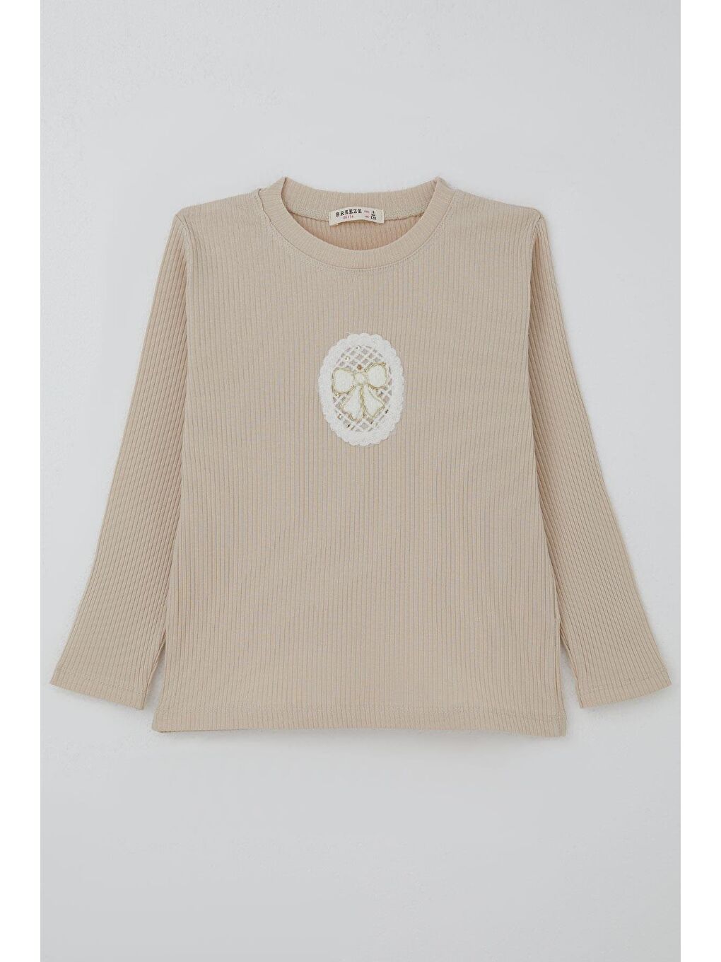 Kız Çocuk Uzun Kollu Tişört Vintage Dantel Fiyonk Aplikeli Bej (5-10 Yaş)-1