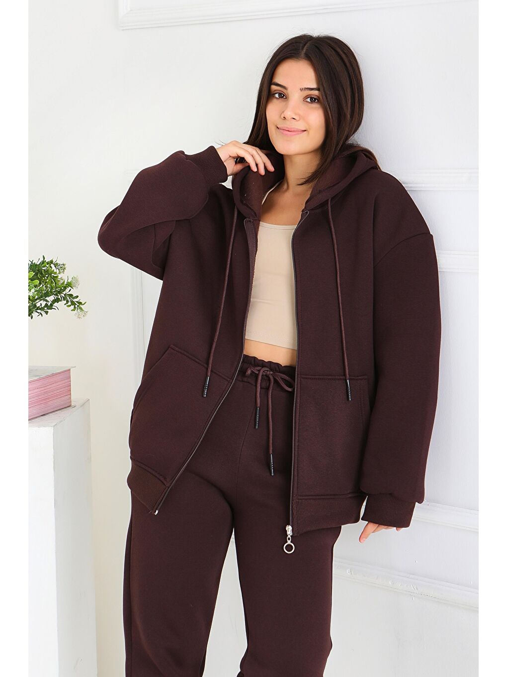 Kahverengi Kanguru Cepli Fermuarlı Şardonlu Üç İplik Sweat Kahve - 27802-KAHVE-2