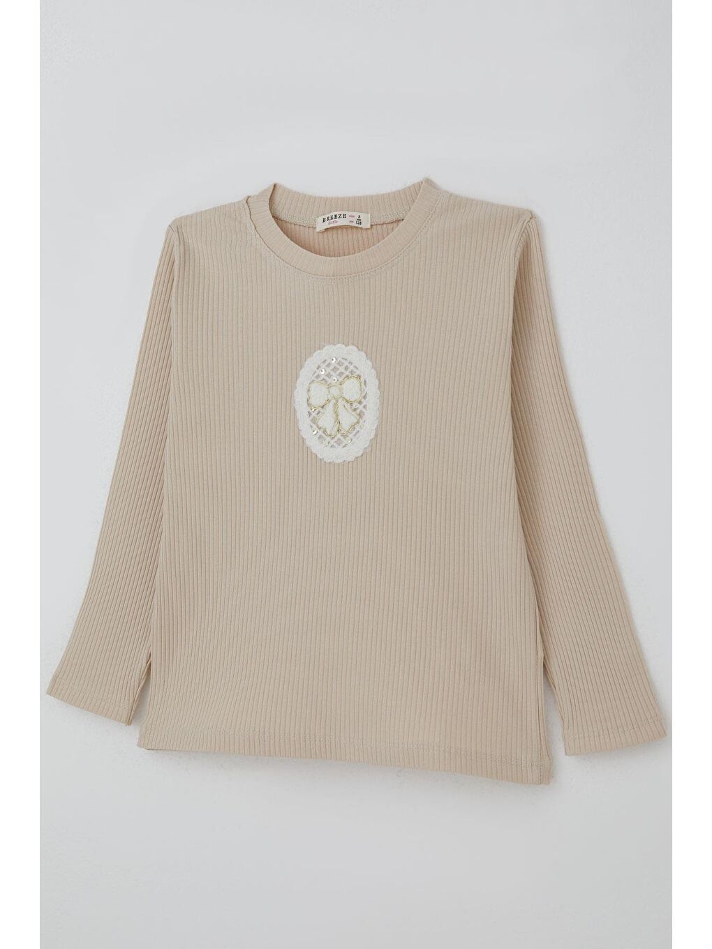 Kız Çocuk Uzun Kollu Tişört Vintage Dantel Fiyonk Aplikeli Bej (5-10 Yaş)-3