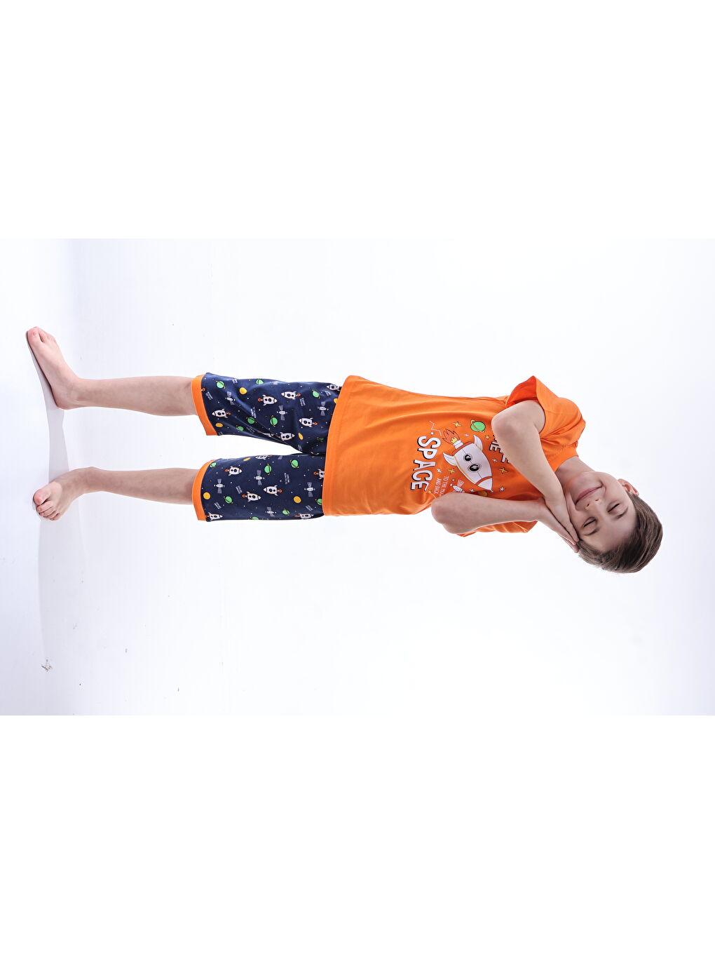 Turuncu Erkek Çocuk %100 Doğal Pamuk Kısa Kollu  Kaprili Pijama Takımı-1