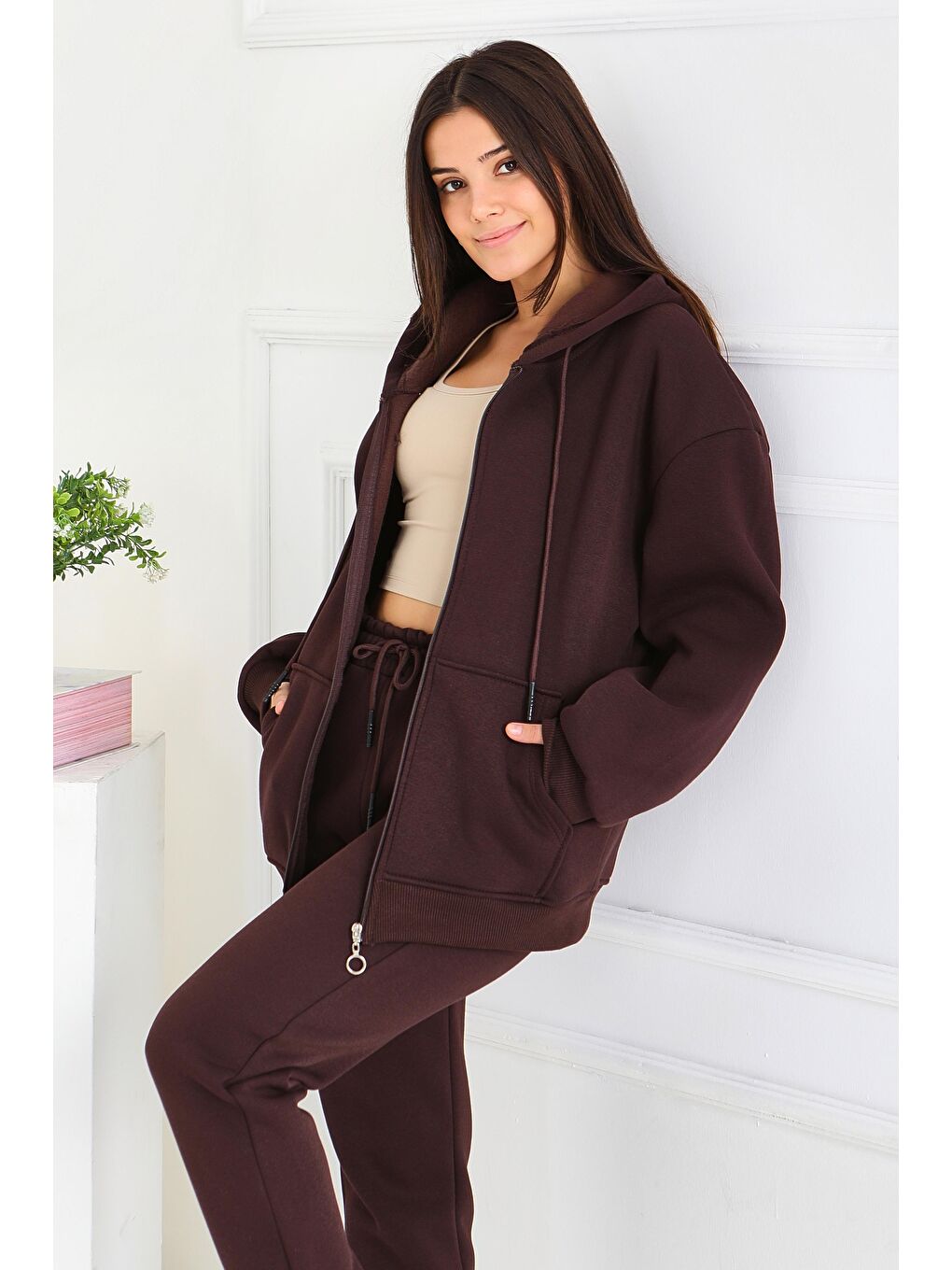 Kahverengi Kanguru Cepli Fermuarlı Şardonlu Üç İplik Sweat Kahve - 27802-KAHVE-3