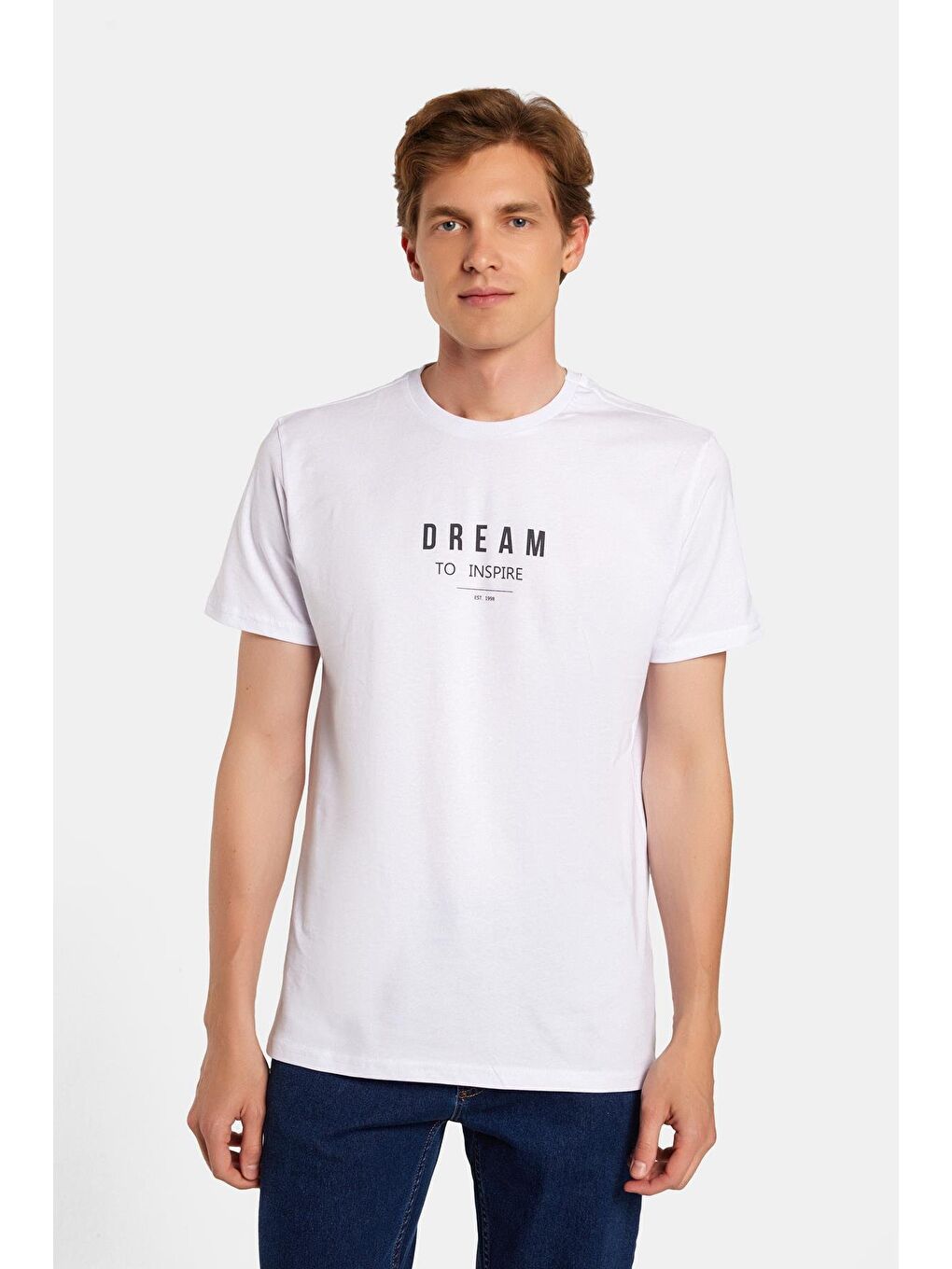 Beyaz Erkek Slim Fit Dar Kesim %100 Pamuk Yumuşak Dokulu Baskılı Siyah Bisiklet Yaka Tişört