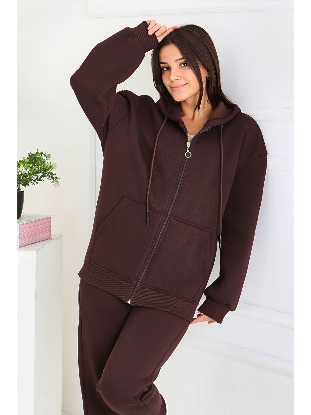 Kahverengi Kanguru Cepli Fermuarlı Şardonlu Üç İplik Sweat Kahve - 27802-KAHVE-4