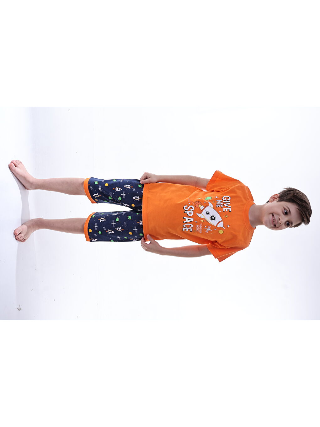 Turuncu Erkek Çocuk %100 Doğal Pamuk Kısa Kollu  Kaprili Pijama Takımı-4