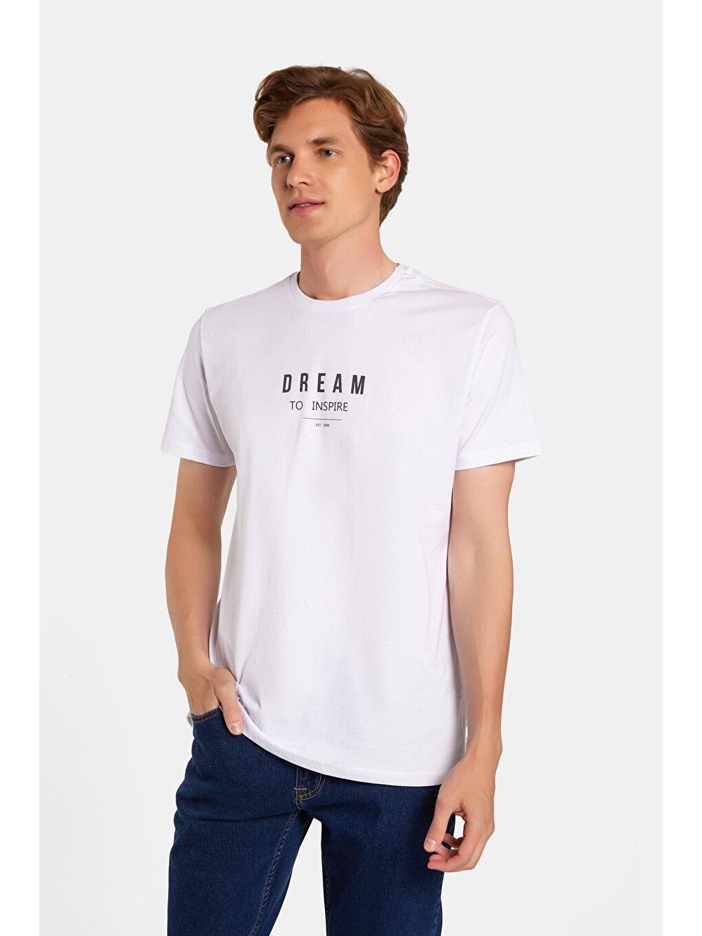 Beyaz Erkek Slim Fit Dar Kesim %100 Pamuk Yumuşak Dokulu Baskılı Siyah Bisiklet Yaka Tişört-3