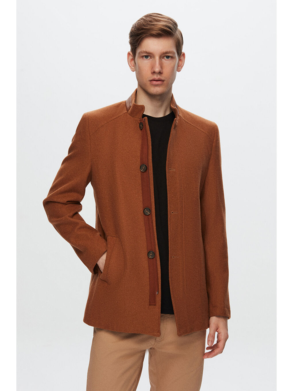 Kahverengi Regular Fit Camel Dik Yaka Kaşe Kaban-1