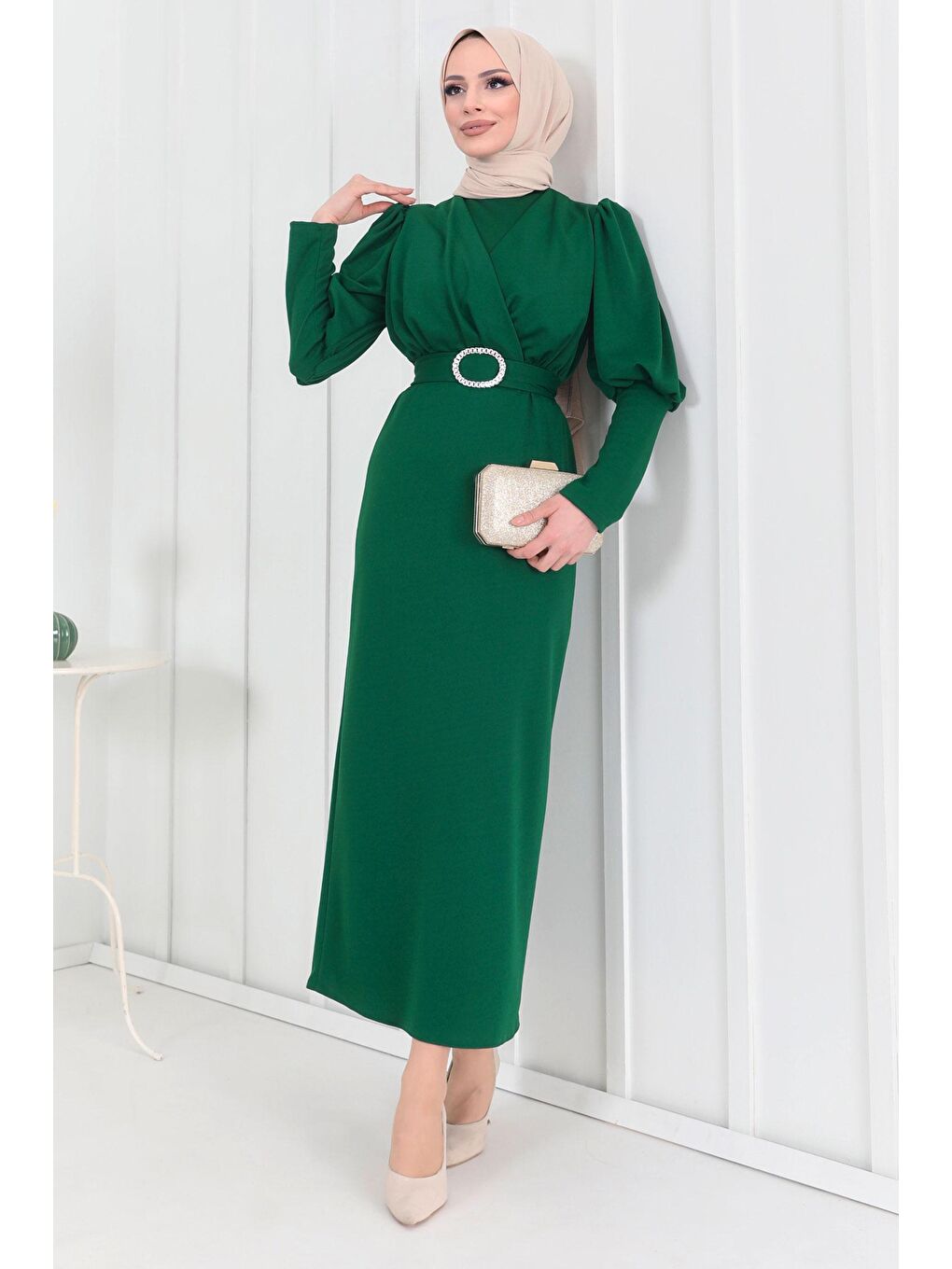Bisiklet Yaka Kadın Yeşil Elbise - 11615-4