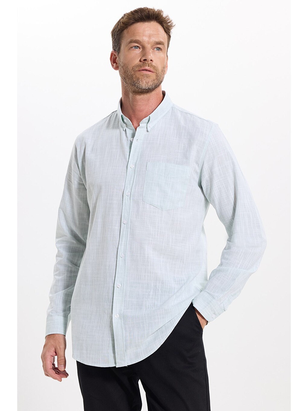 Erkek Slim Fit Dar Kesim Uzun Kollu %100 Pamuk Keten Efektli Düğmeli Yaka Rahat Yeşil Gömlek