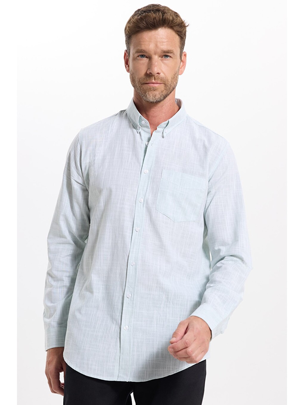 Erkek Slim Fit Dar Kesim Uzun Kollu %100 Pamuk Keten Efektli Düğmeli Yaka Rahat Yeşil Gömlek-1