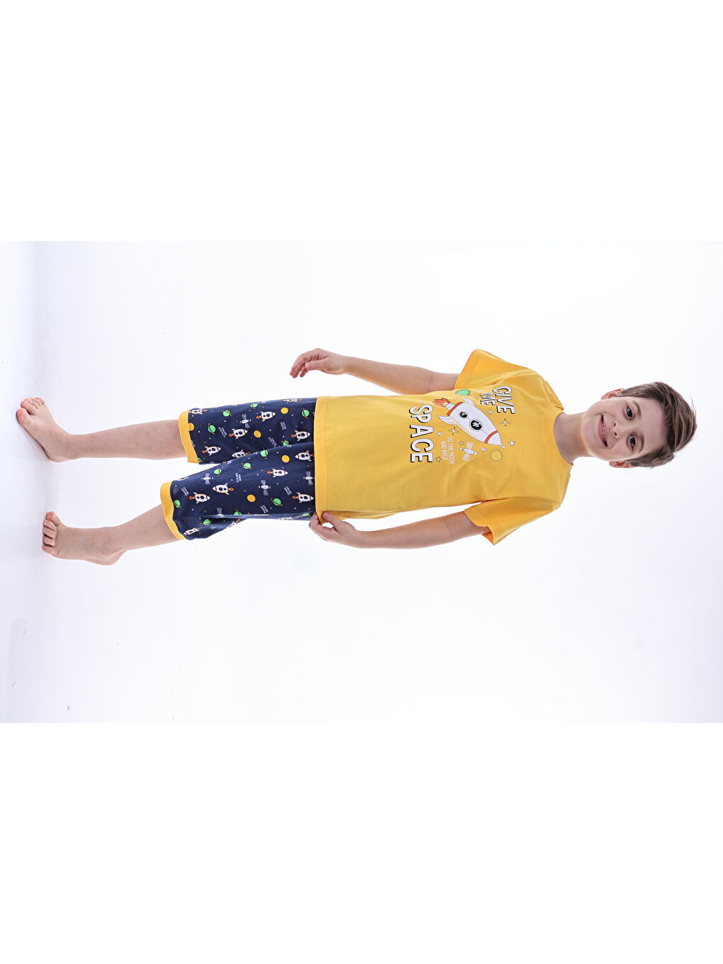 Sarı Erkek Çocuk %100 Doğal Pamuk Kısa Kollu  Kaprili Pijama Takımı-4
