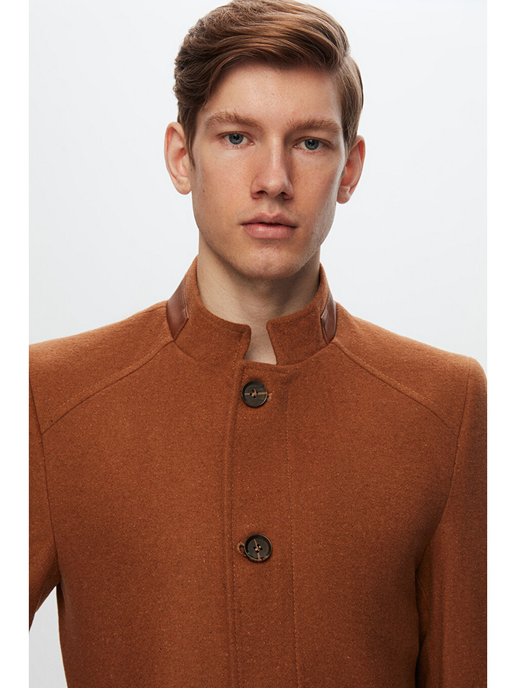 Kahverengi Regular Fit Camel Dik Yaka Kaşe Kaban-2