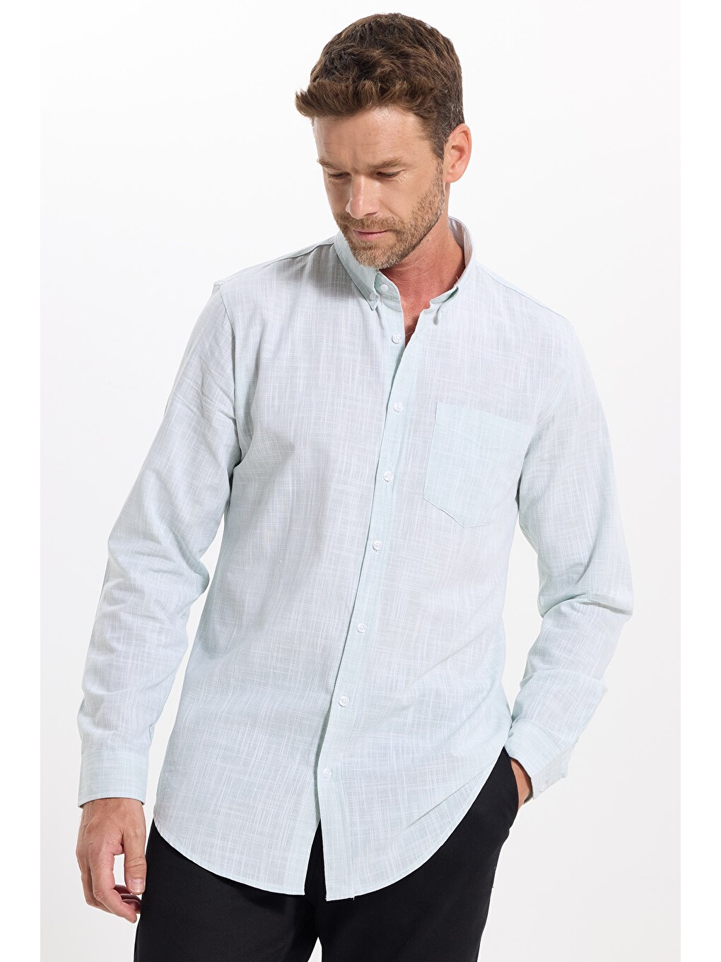 Erkek Slim Fit Dar Kesim Uzun Kollu %100 Pamuk Keten Efektli Düğmeli Yaka Rahat Yeşil Gömlek-2