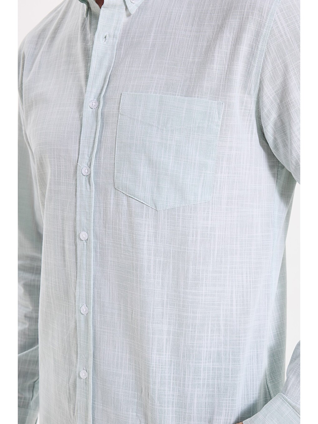 Erkek Slim Fit Dar Kesim Uzun Kollu %100 Pamuk Keten Efektli Düğmeli Yaka Rahat Yeşil Gömlek-3