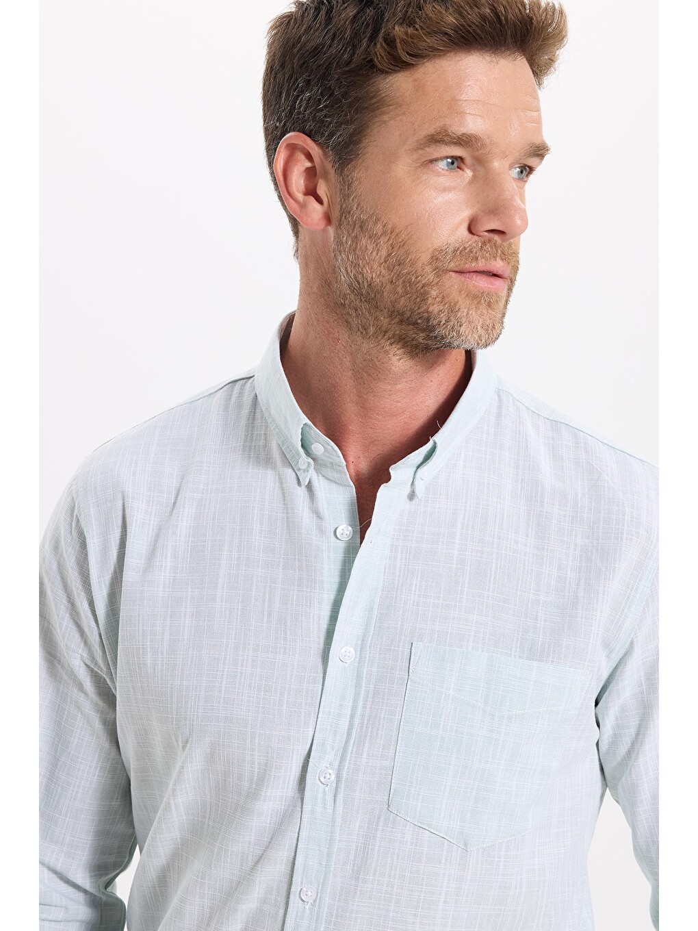 Erkek Slim Fit Dar Kesim Uzun Kollu %100 Pamuk Keten Efektli Düğmeli Yaka Rahat Yeşil Gömlek-4