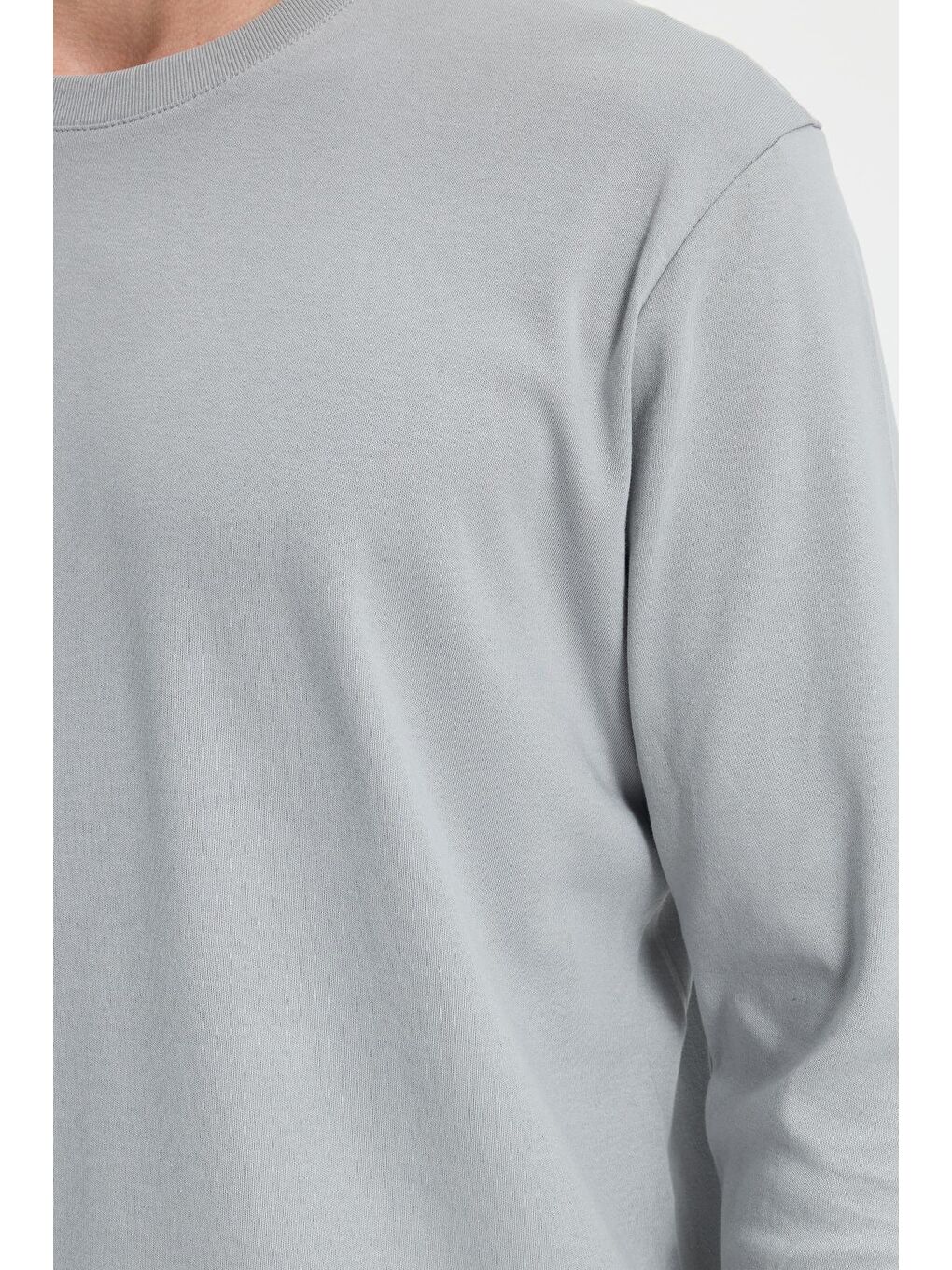 Unisex Relax Fit Rahat Kesim %100 Pamuk Uzun Kollu Bisiklet Yaka Gri Basic Tişört-2