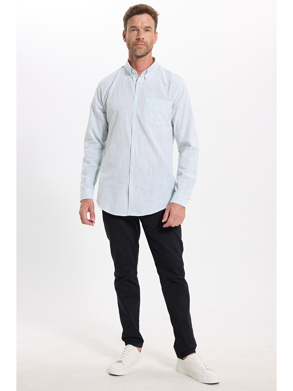 Erkek Slim Fit Dar Kesim Uzun Kollu %100 Pamuk Keten Efektli Düğmeli Yaka Rahat Yeşil Gömlek-6
