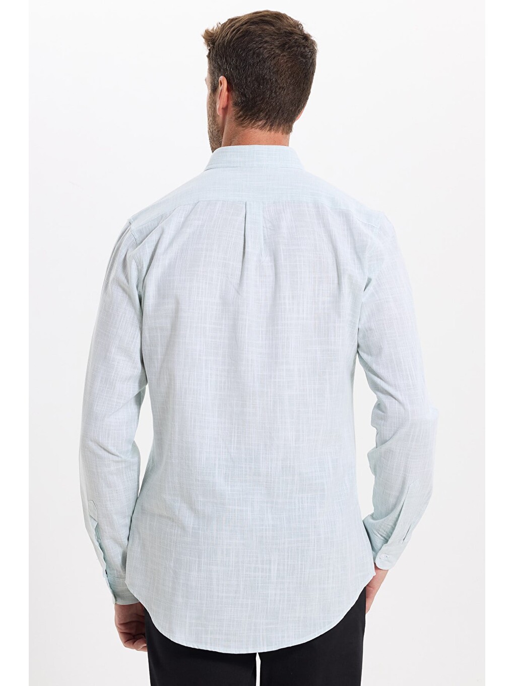 Erkek Slim Fit Dar Kesim Uzun Kollu %100 Pamuk Keten Efektli Düğmeli Yaka Rahat Yeşil Gömlek-7