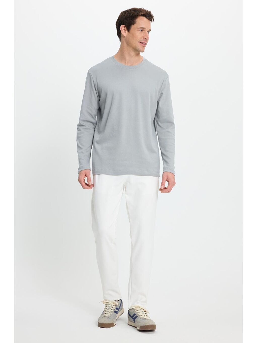 Unisex Relax Fit Rahat Kesim %100 Pamuk Uzun Kollu Bisiklet Yaka Gri Basic Tişört-3