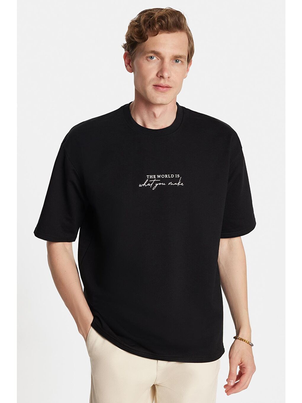 Erkek Oversize Geniş Kesim Pamuklu Baskılı Bisiklet Yaka Siyah Tişört