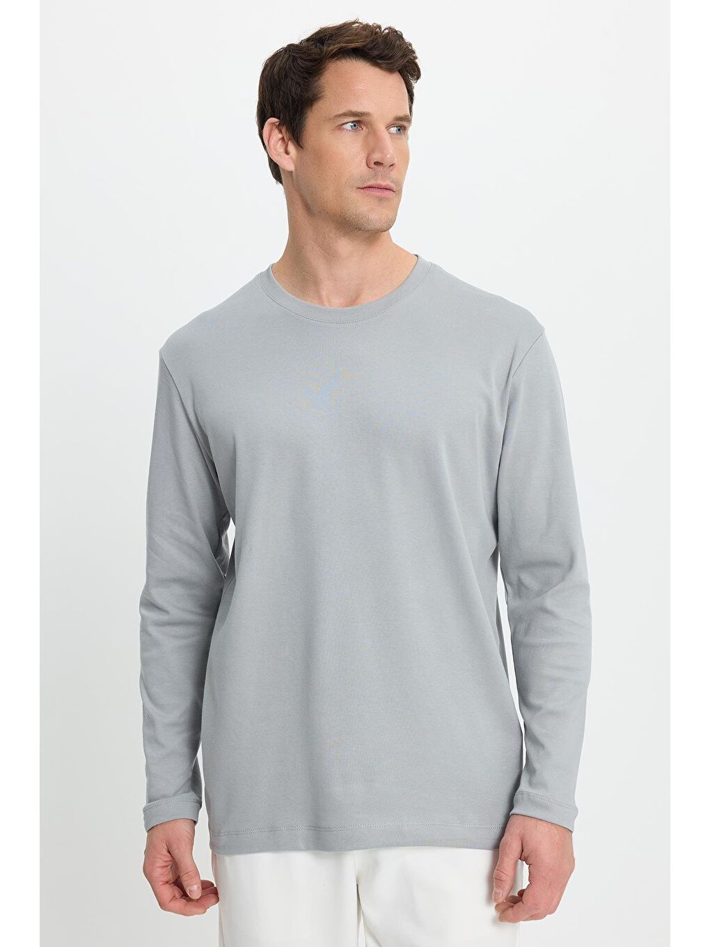 Unisex Relax Fit Rahat Kesim %100 Pamuk Uzun Kollu Bisiklet Yaka Gri Basic Tişört-4