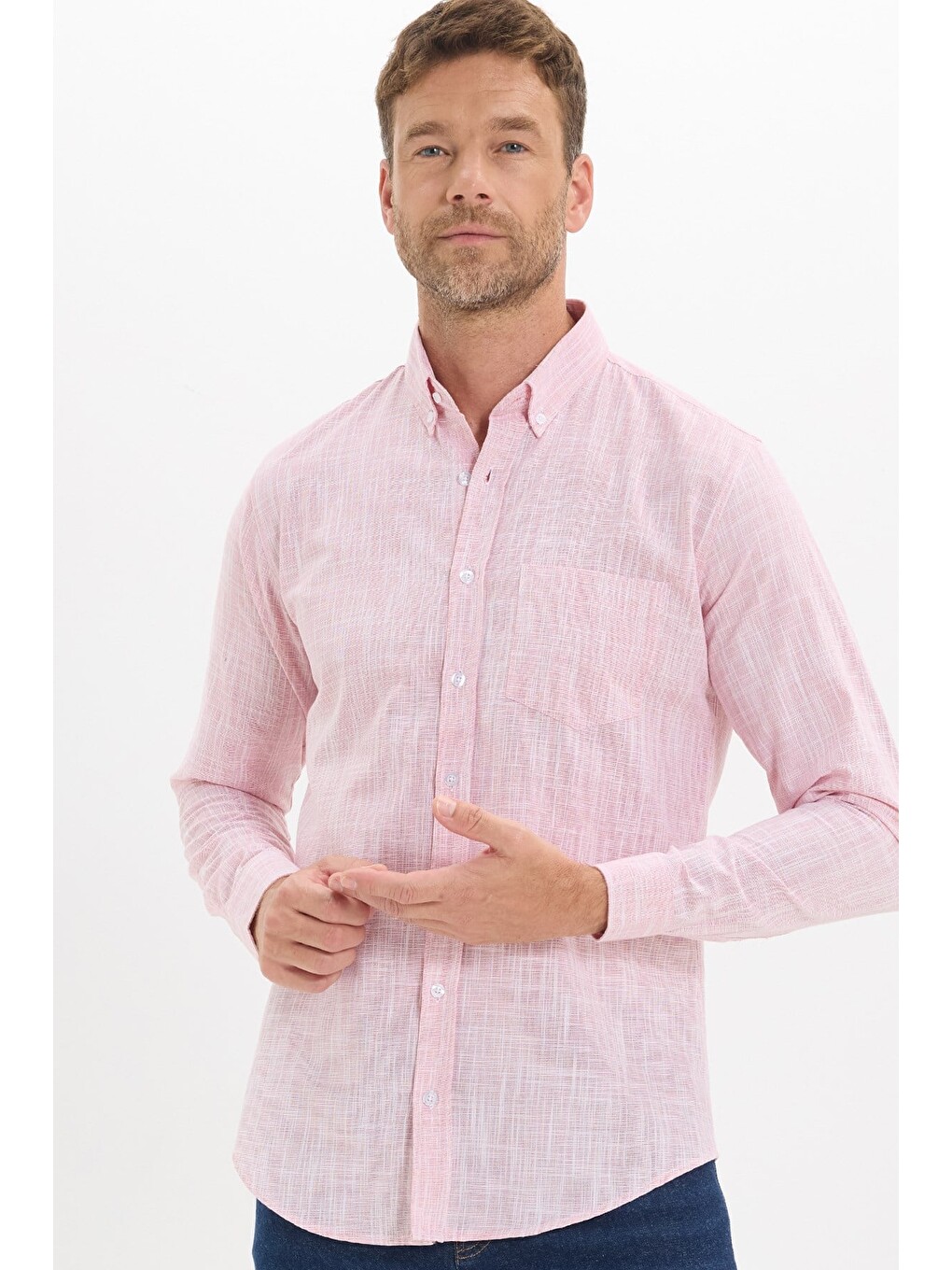 Erkek Slim Fit Dar Kesim Uzun Kollu %100 Pamuk Keten Efektli Düğmeli Yaka Rahat Kırmızı Gömlek