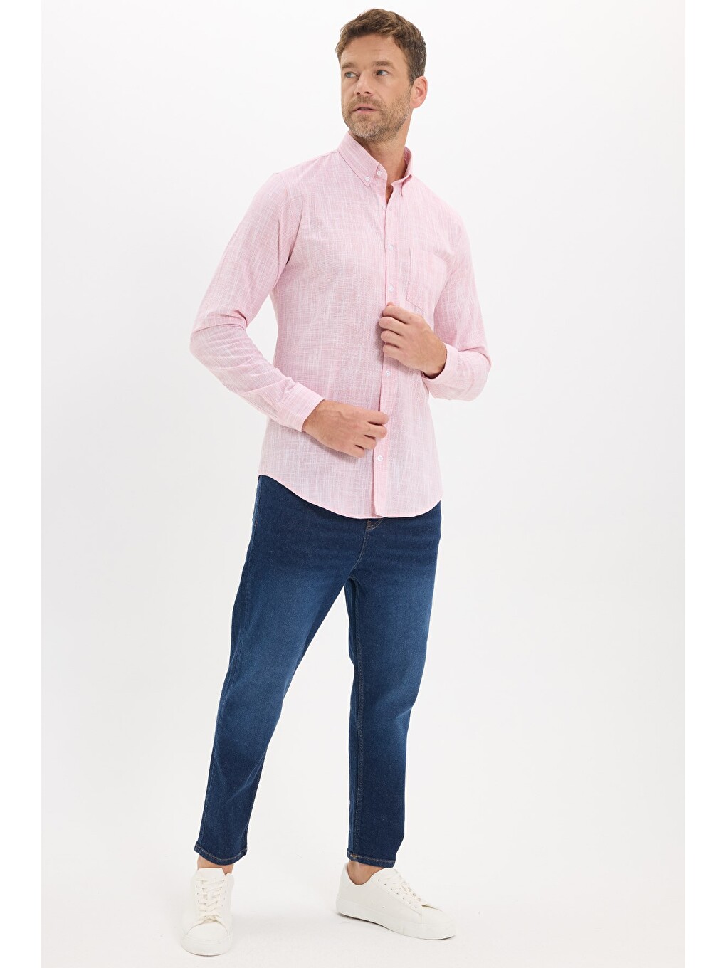 Erkek Slim Fit Dar Kesim Uzun Kollu %100 Pamuk Keten Efektli Düğmeli Yaka Rahat Kırmızı Gömlek-1