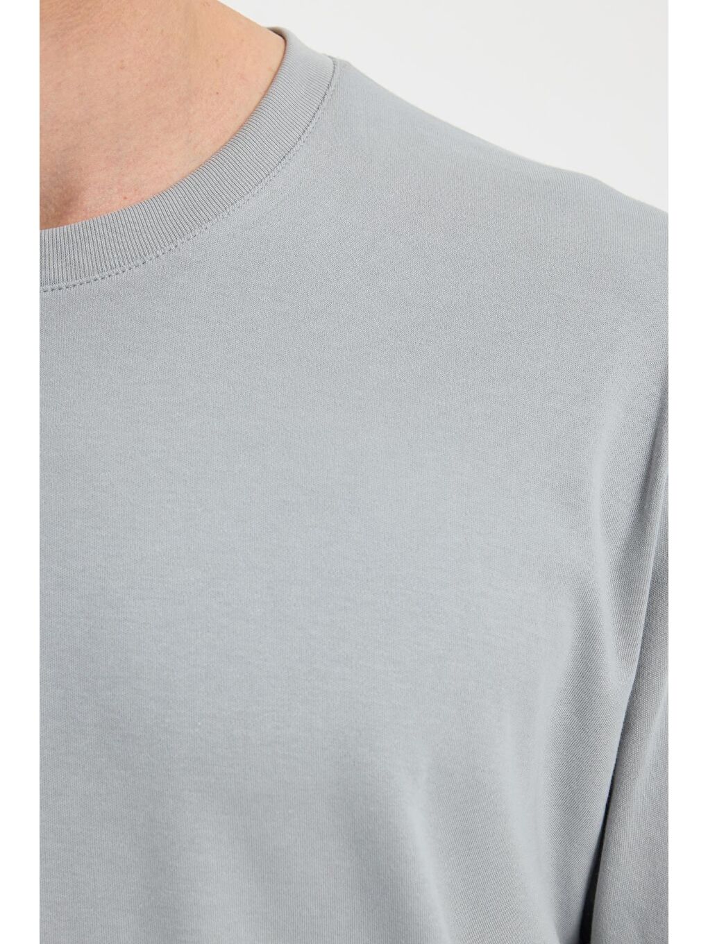 Unisex Relax Fit Rahat Kesim %100 Pamuk Uzun Kollu Bisiklet Yaka Gri Basic Tişört-5