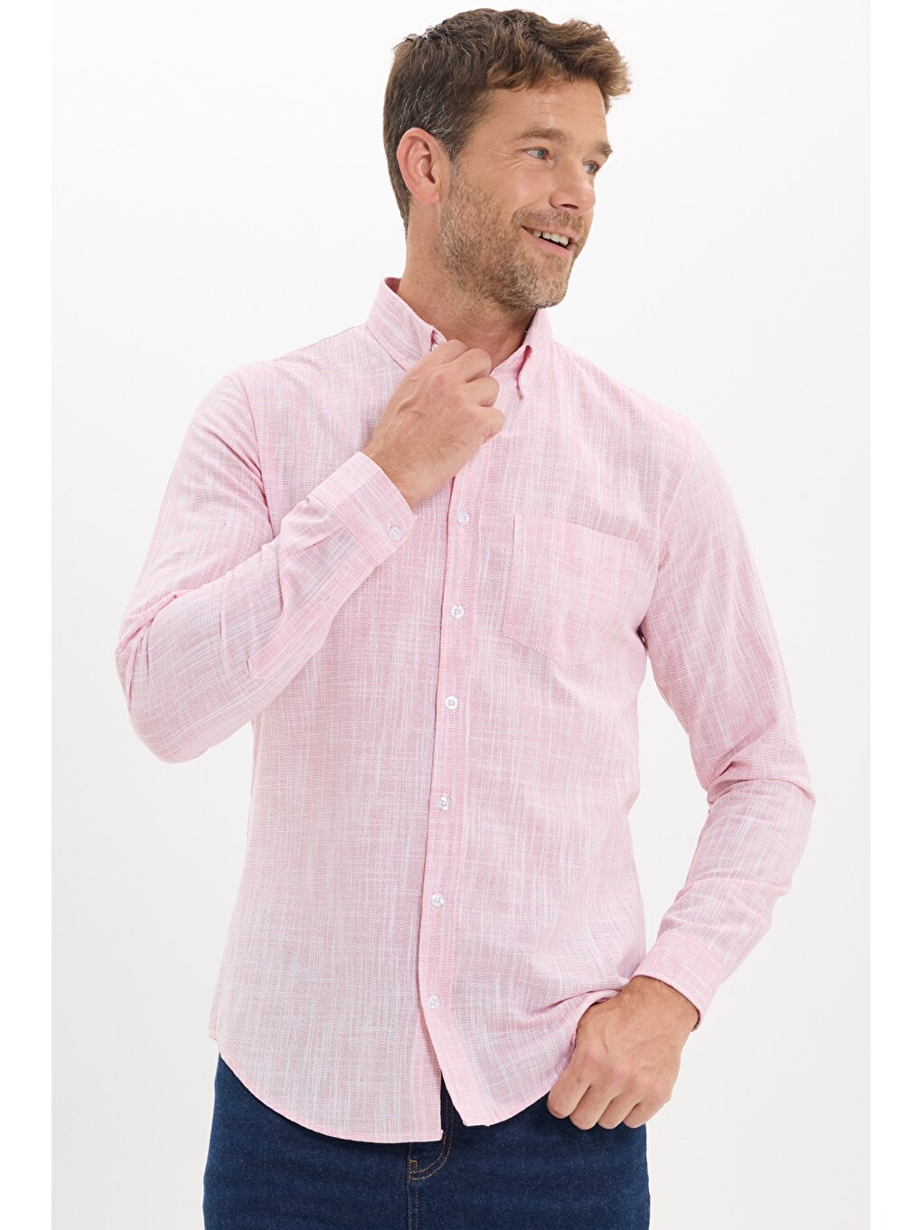 Erkek Slim Fit Dar Kesim Uzun Kollu %100 Pamuk Keten Efektli Düğmeli Yaka Rahat Kırmızı Gömlek-2