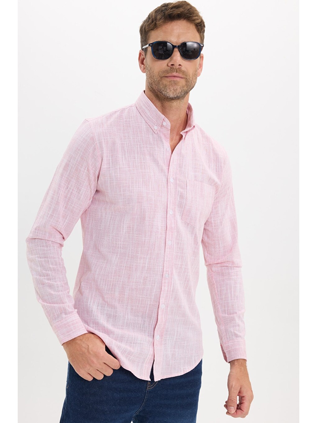 Erkek Slim Fit Dar Kesim Uzun Kollu %100 Pamuk Keten Efektli Düğmeli Yaka Rahat Kırmızı Gömlek-3