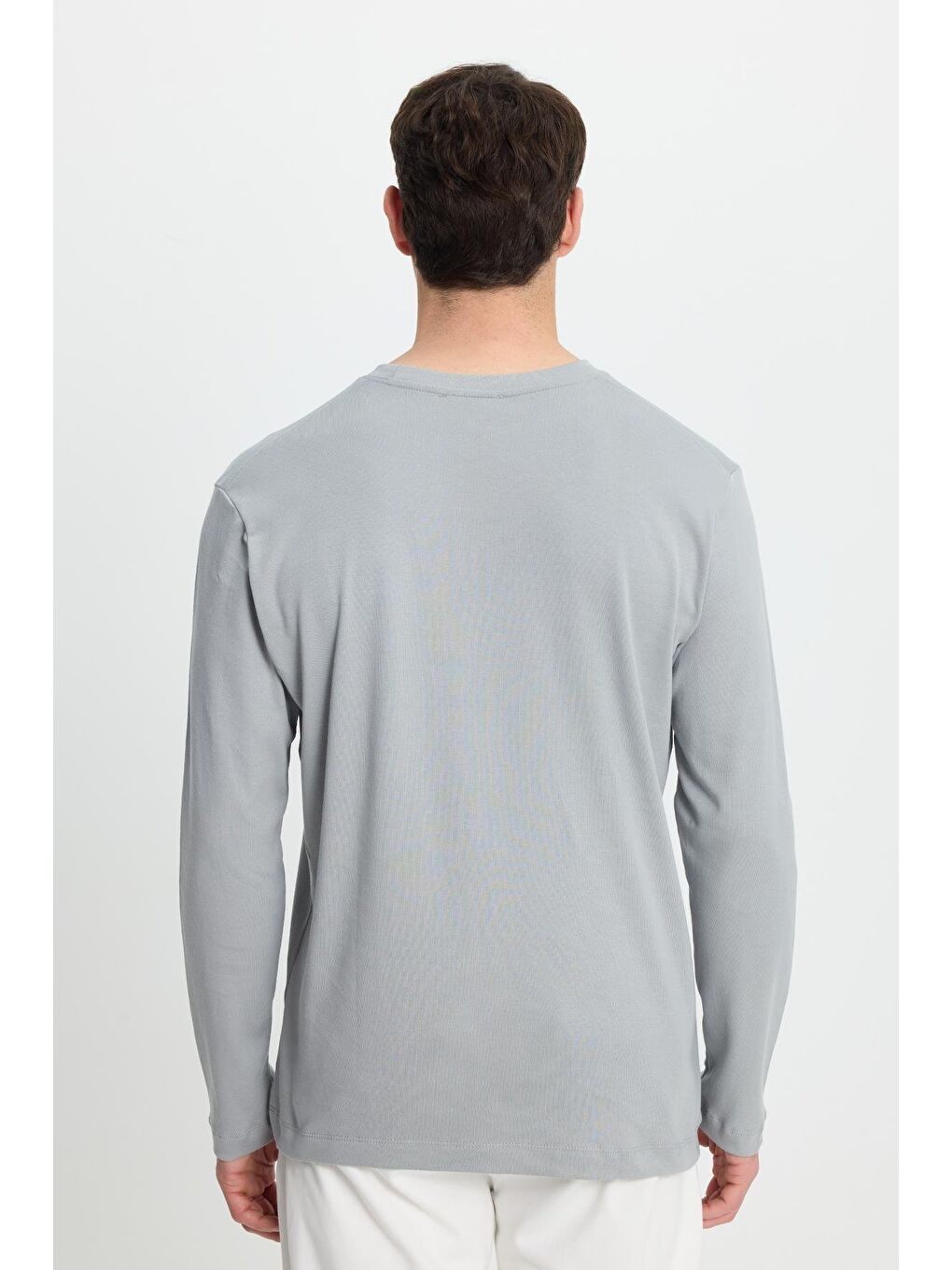 Unisex Relax Fit Rahat Kesim %100 Pamuk Uzun Kollu Bisiklet Yaka Gri Basic Tişört-6