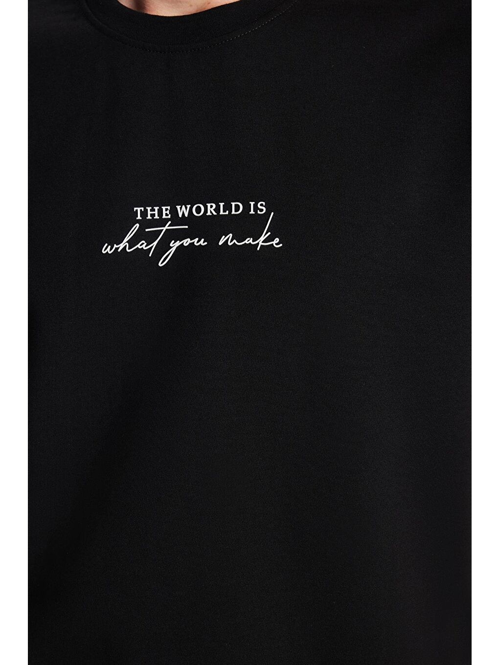 Erkek Oversize Geniş Kesim Pamuklu Baskılı Bisiklet Yaka Siyah Tişört-2