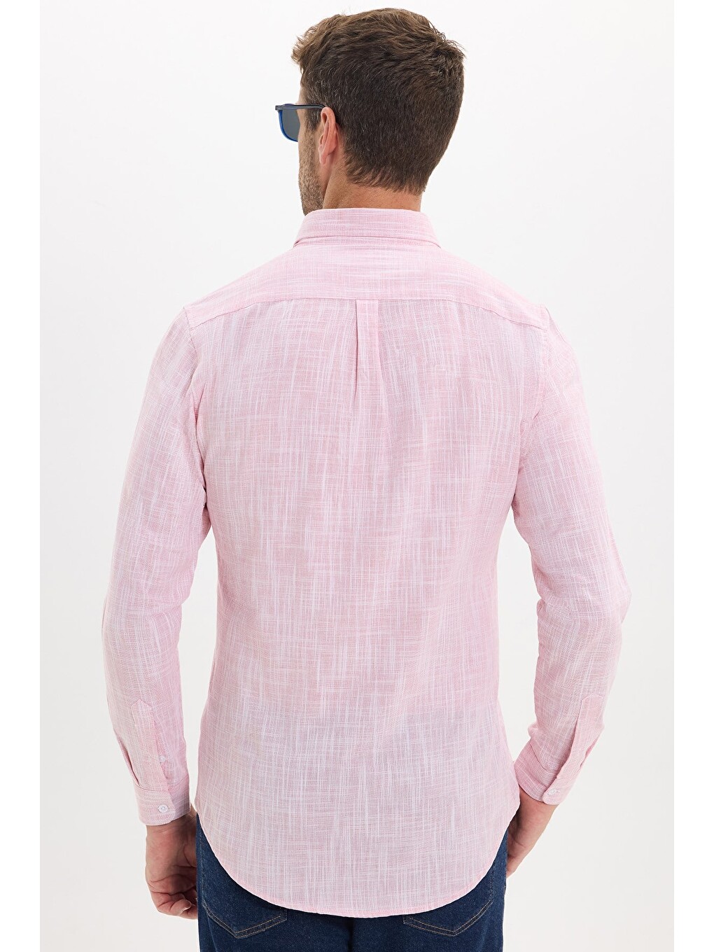 Erkek Slim Fit Dar Kesim Uzun Kollu %100 Pamuk Keten Efektli Düğmeli Yaka Rahat Kırmızı Gömlek-7