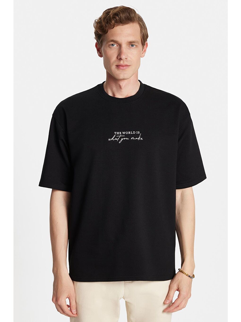 Erkek Oversize Geniş Kesim Pamuklu Baskılı Bisiklet Yaka Siyah Tişört-3