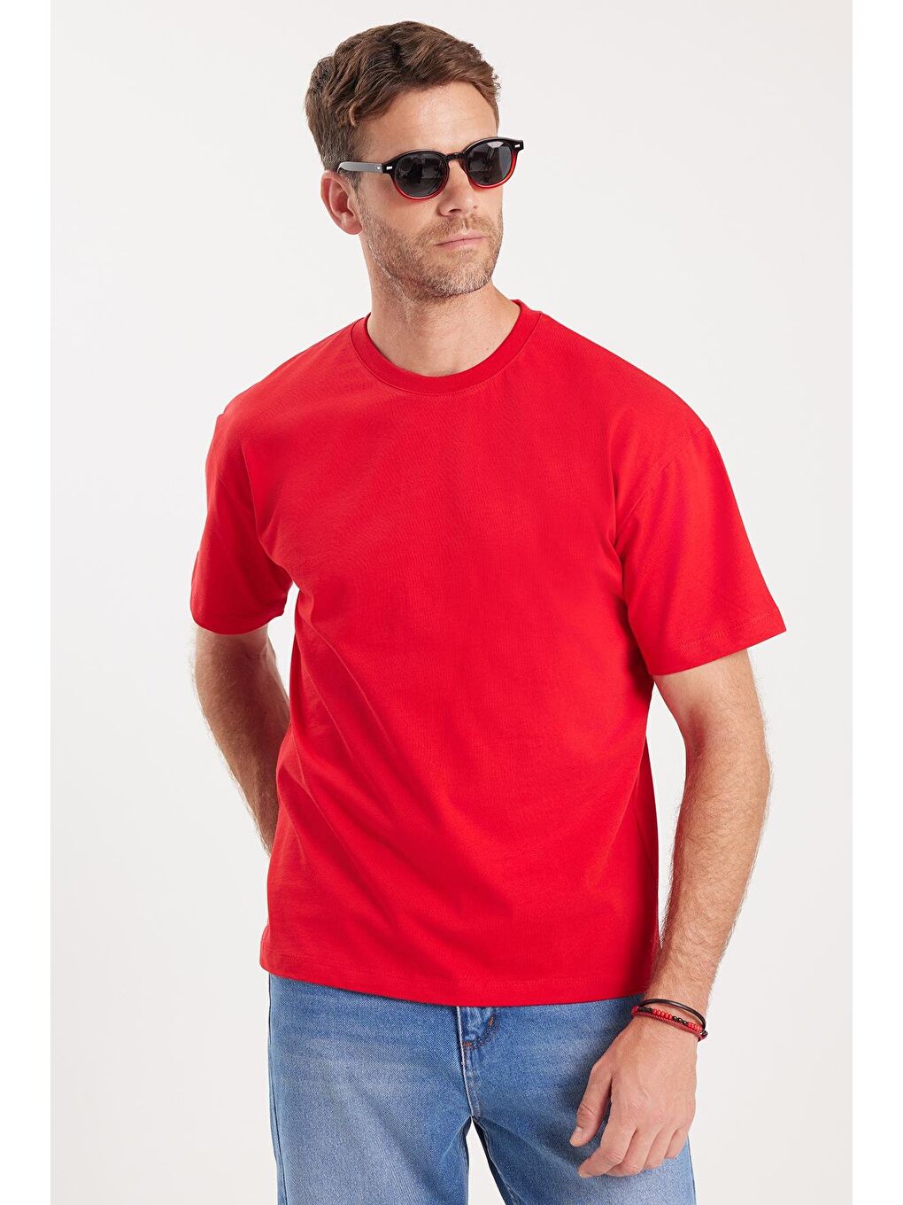 Erkek Boxy Fit Bol Kesim %100 Pamuk Bisiklet Yaka Kırmızı Tişört