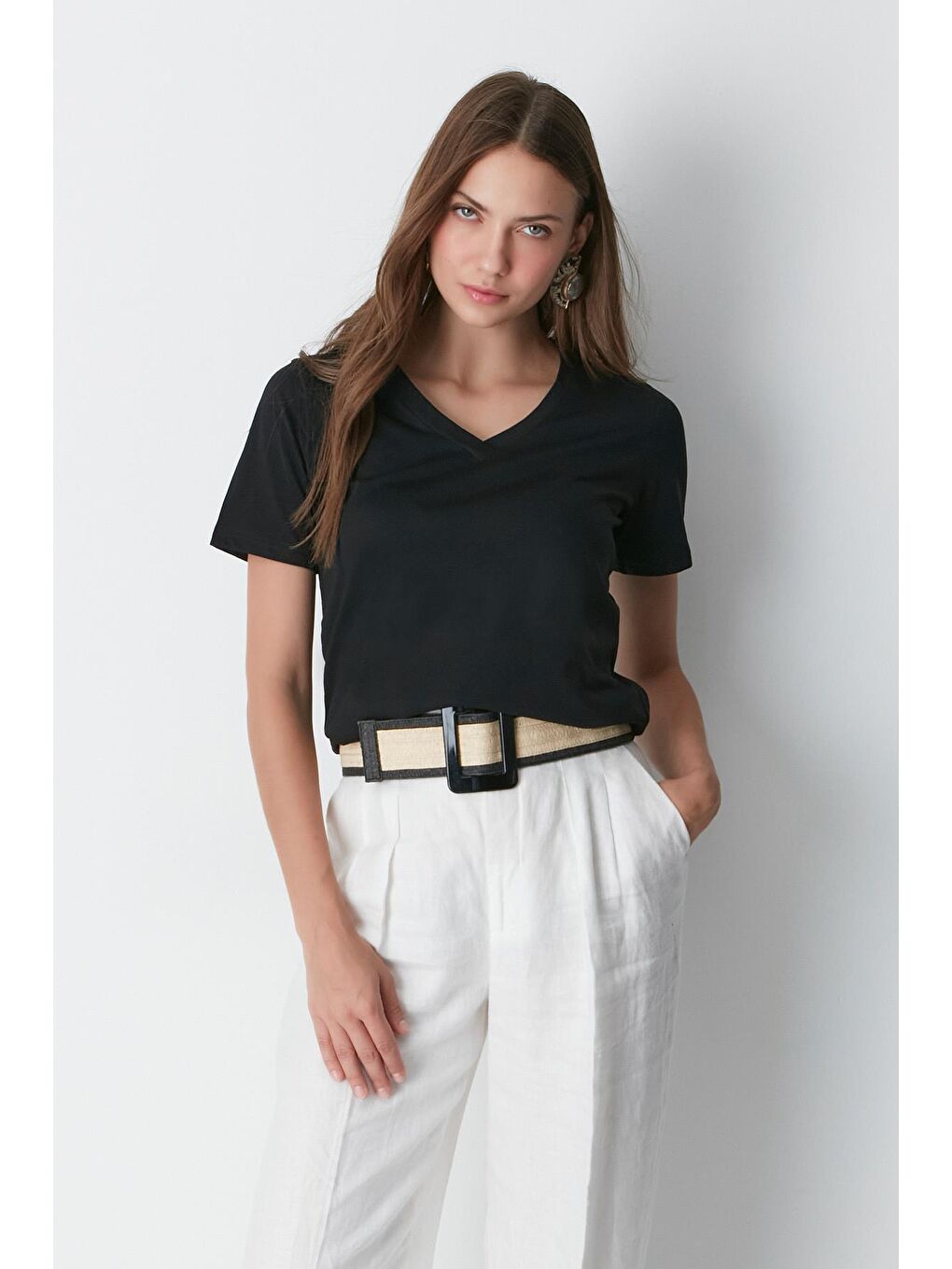 V Yaka Kısa Kol 2'li Basic T-Shirt 962 Siyah-1