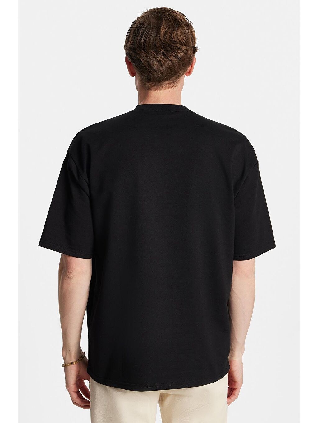 Erkek Oversize Geniş Kesim Pamuklu Baskılı Bisiklet Yaka Siyah Tişört-4