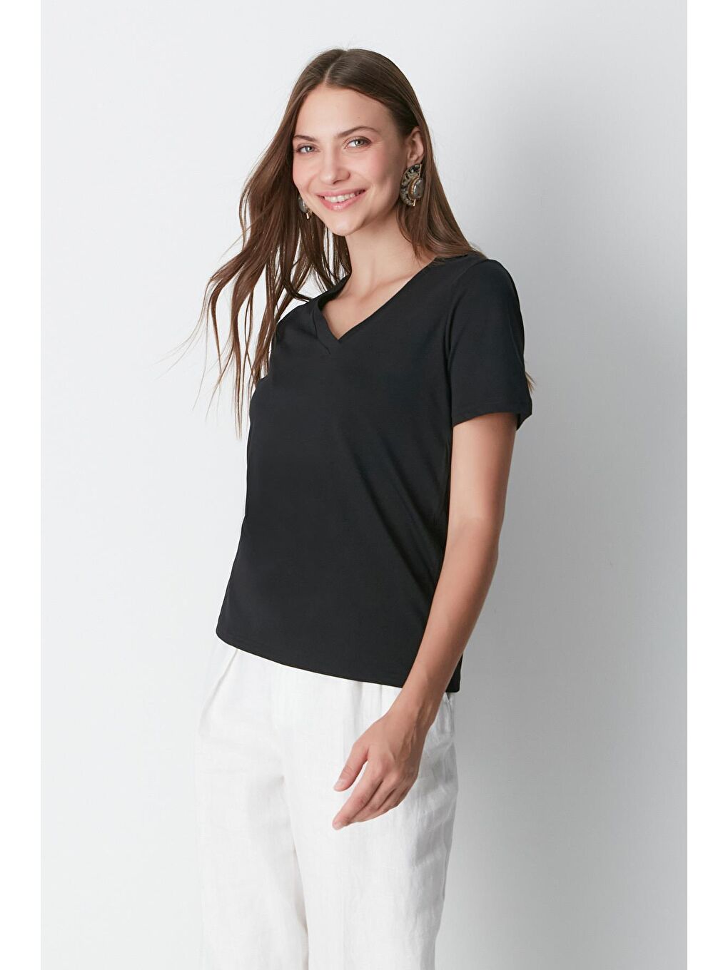 V Yaka Kısa Kol 2'li Basic T-Shirt 962 Siyah-2