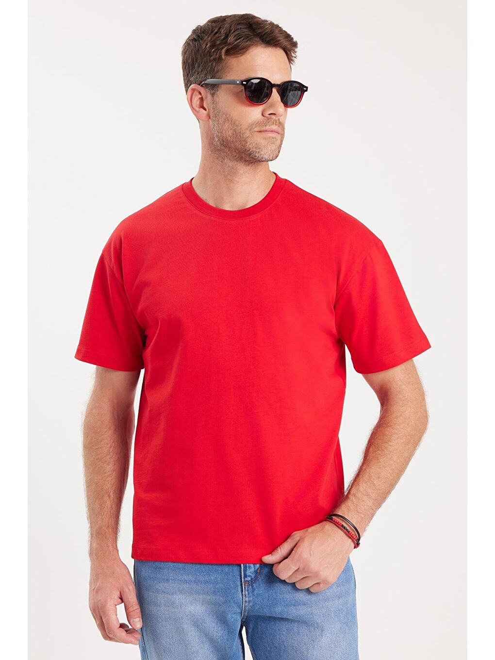 Erkek Boxy Fit Bol Kesim %100 Pamuk Bisiklet Yaka Kırmızı Tişört-1