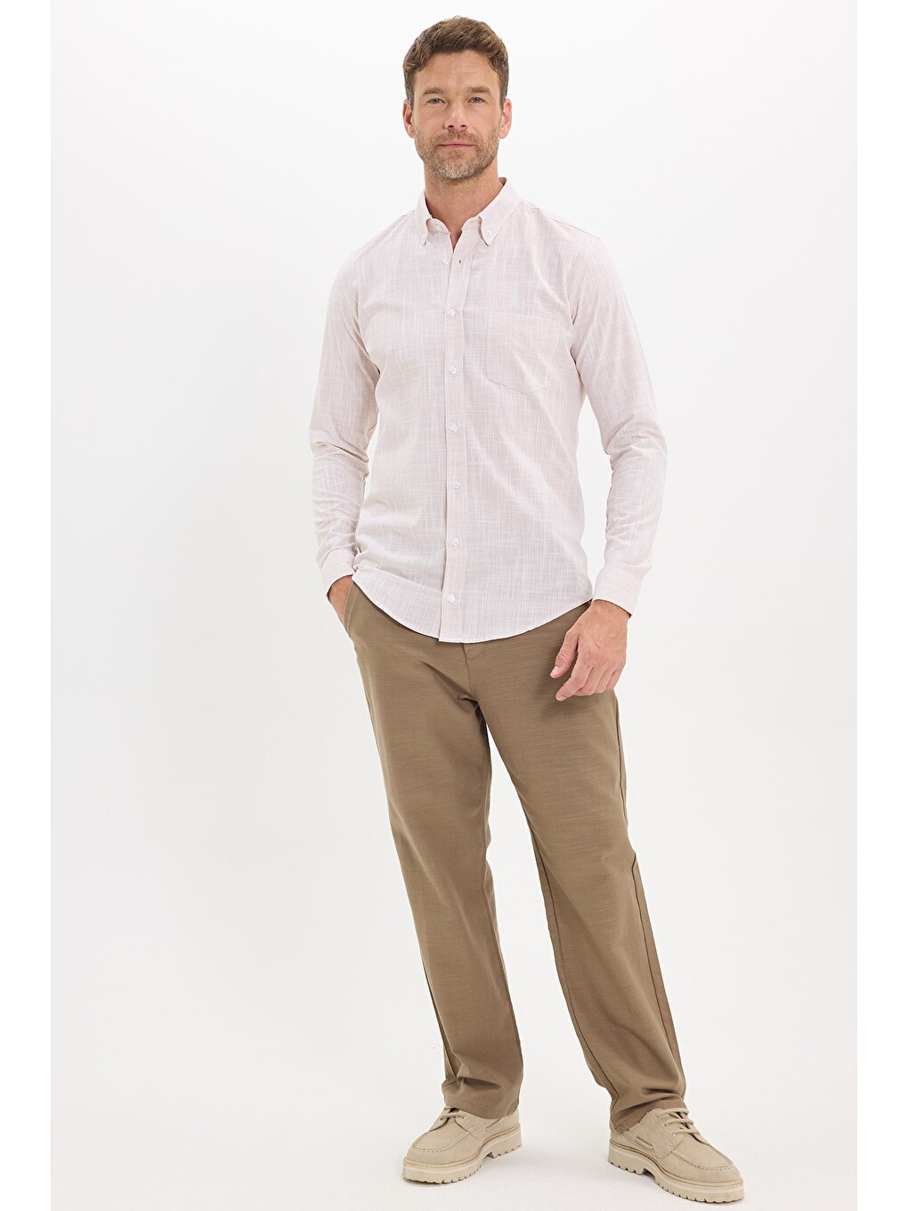 Erkek Slim Fit Dar Kesim Uzun Kollu %100 Pamuk Keten Efektli Düğmeli Yaka Rahat Bej Gömlek-1